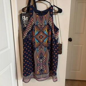 A. Byer Navy Dress with Mustard and Multicolor Print